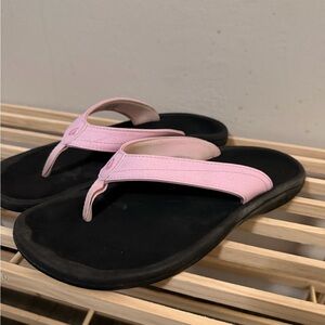 Olukai Pink Strap Black Footbed Flip Flops